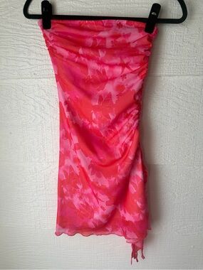 Pink Floral Strapless Mesh Ruched Mini Dress Small Adjustable Side Drawstring